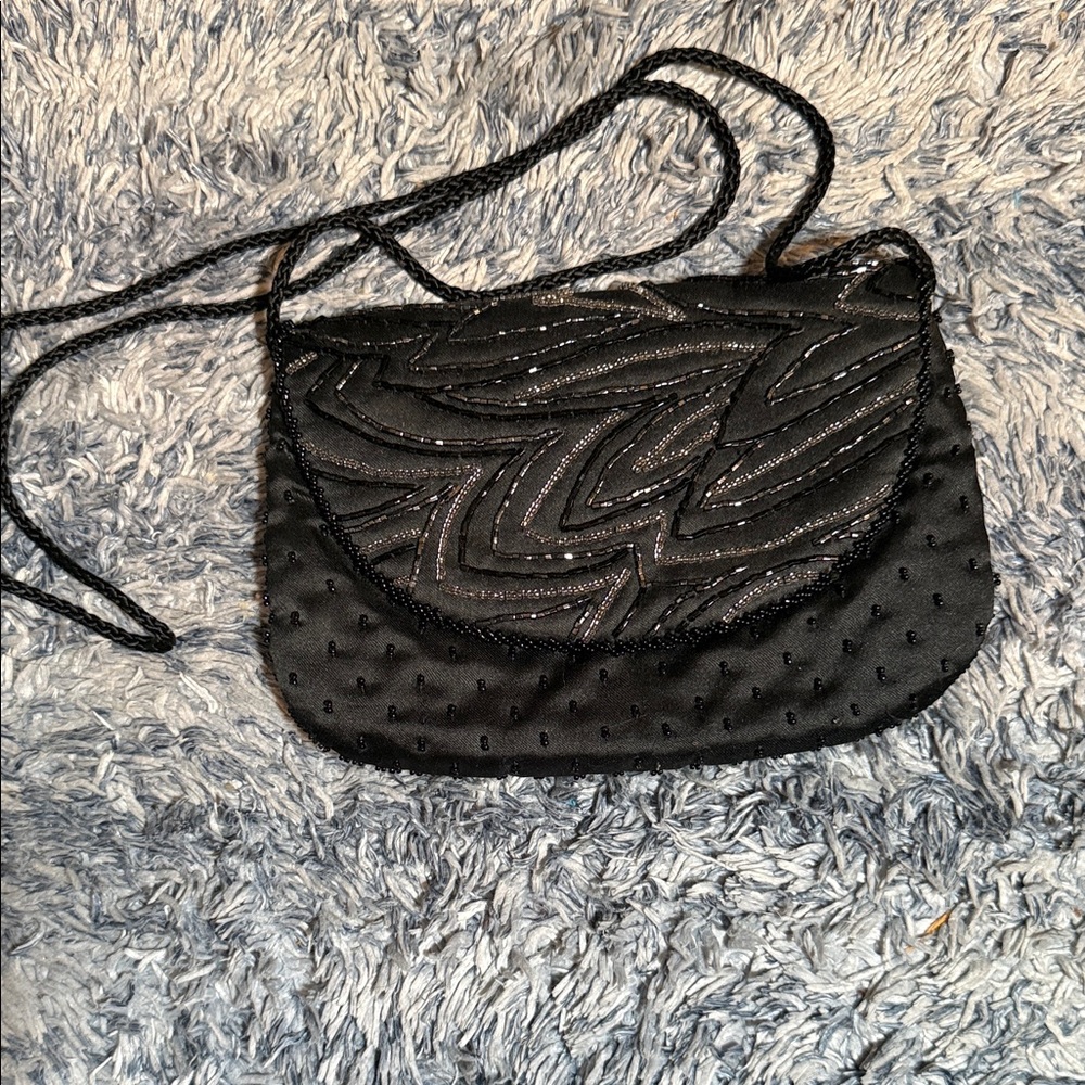 Vintage La Regale Black Beaded Satin Crossbody Bag